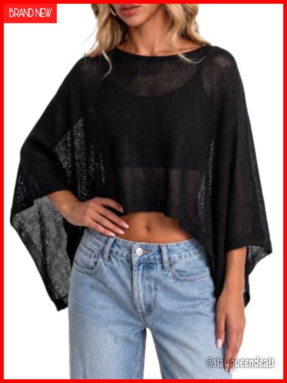 Remidoo Sheer Knit Poncho Top Batwing Sleeve Cropped Cover Up